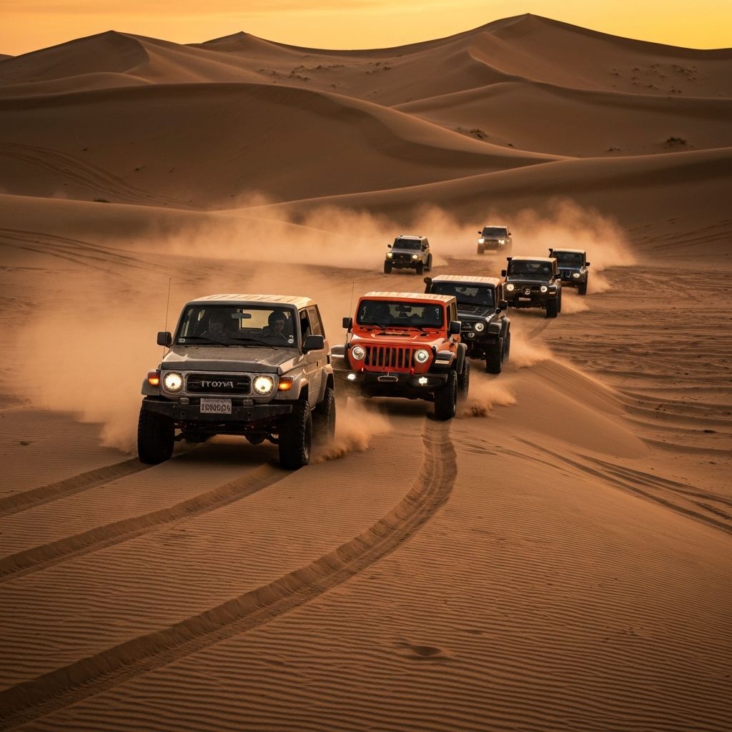 4x4 convoy driving through sand dunes